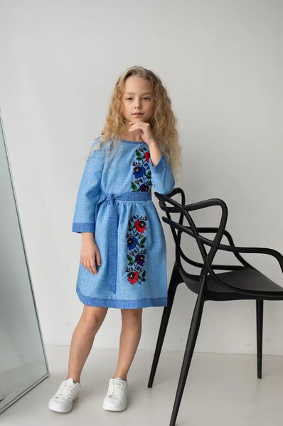 Платье с вышивкой для девочки Мальвы голубая, Голубой, 152