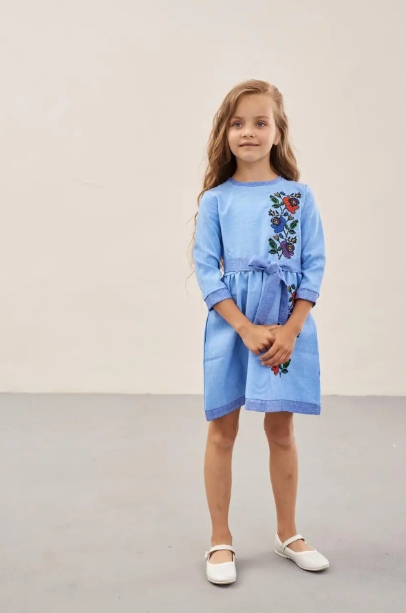 Платье с вышивкой для девочки Мальвы голубая, Голубой, 104
