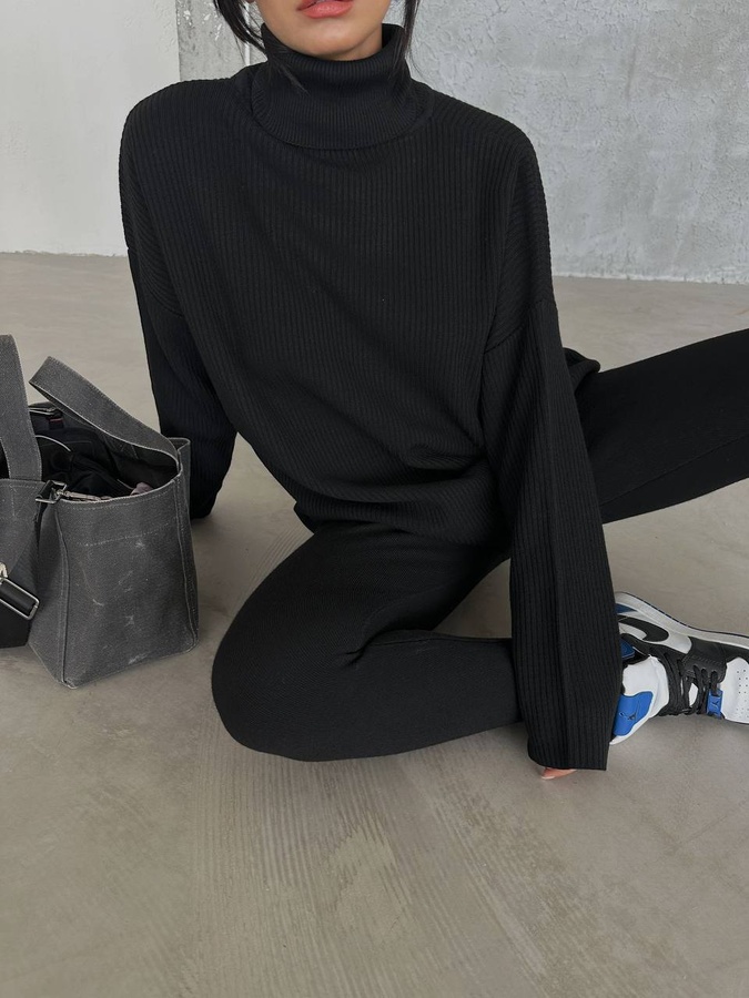 Костюм женский со свитером в рубчик с горловиной и утягивающими лосинами черный, Чорний, One Size