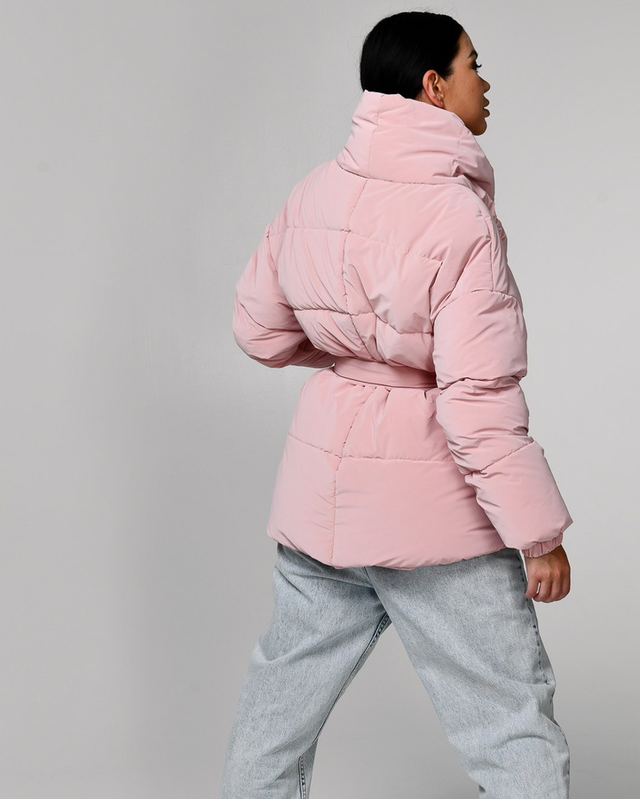 Куртка жіноча зимова LS-8881-15 з об'ємним коміром, карманами та поясом рожева, Рожевий, 42