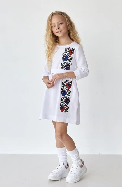 Платье вышиванка для девочки с цветами мальв белая, Белый, 134