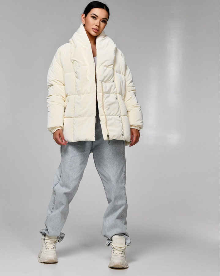 Зимняя куртка с поясом LS-8881-3 молочный, Молочний, 42