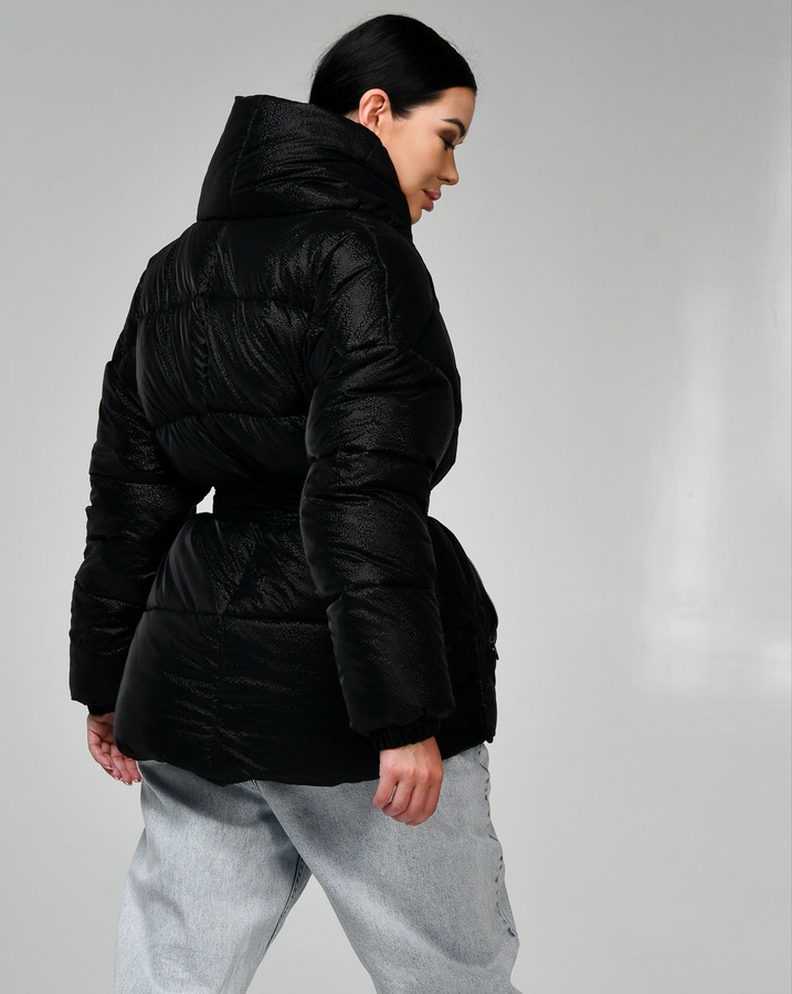Зимняя женская куртка LS-8881-81 с поясом черный в каплю, Чорний, 42