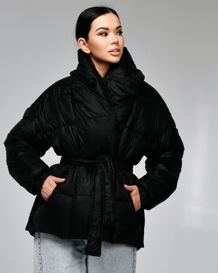 Зимова куртка жіноча LS-8881-81 з поясом чорний в краплю, Чорний, 42