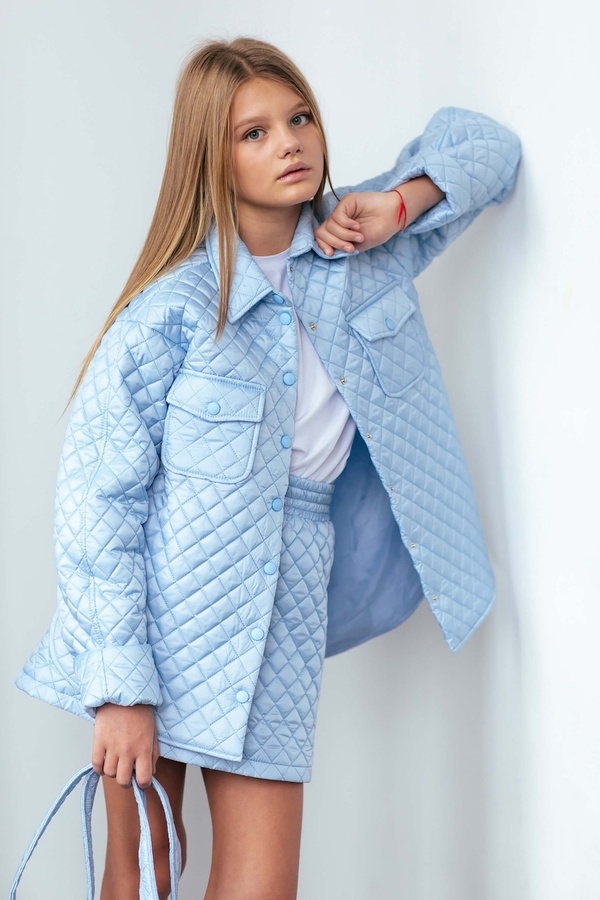 Куртка для девочек PMR060 с поясом стеганная голубая, Голубой, 122-128