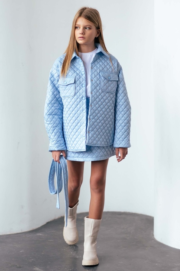 Куртка для дівчаток PMR060 з поясом блакитна, Блакитний, 122-128