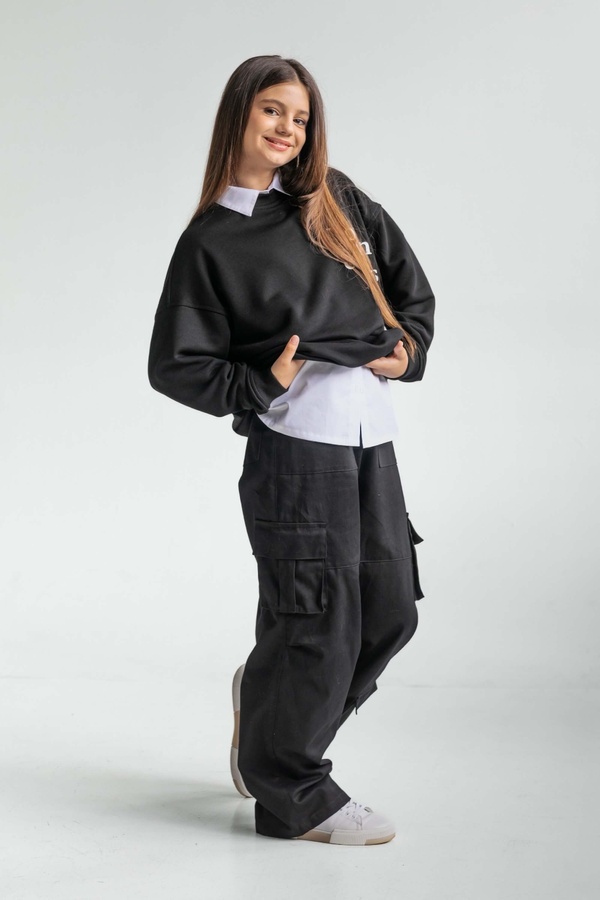Штани-карго з карманами для дівчинки чорні, Чорний, 122