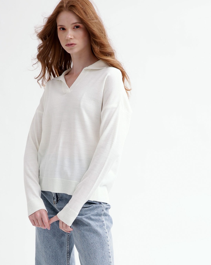 Пуловер женский SV-7001-3 с воротником и V-вырезом белый, Белый, One Size