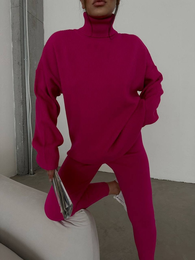 Женский костюм с оверсайз свитером и утягивающими лосинами малина, Малиновый, One Size
