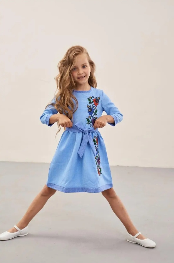 Платье с вышивкой для девочки Мальвы голубая, Голубой, 134