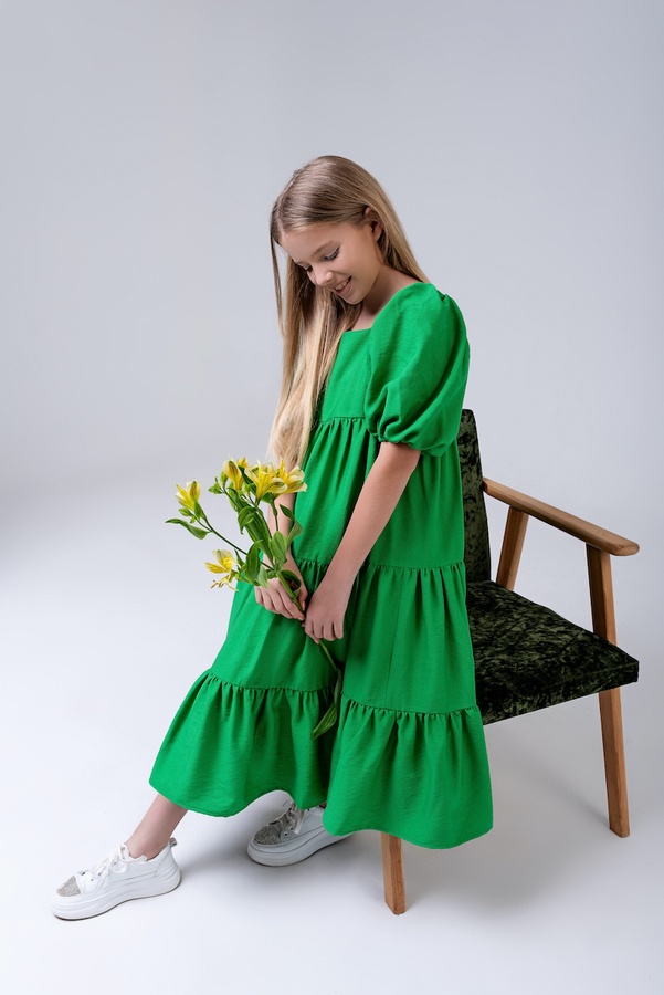Летнее платье для девочки с рукавами буфами PMR018 зеленое, Зелёный, 146