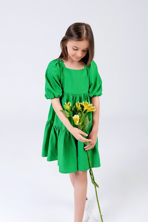 Летнее платье для девочки с рукавами буфами PMR018 зеленое, Зелёный, 158