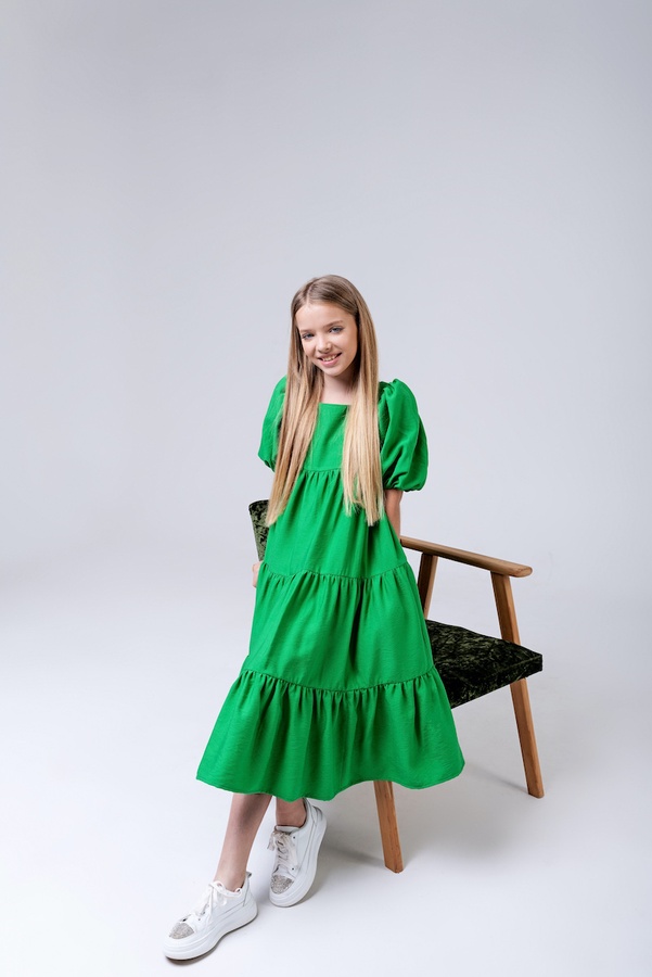 Летнее платье для девочки с рукавами буфами PMR018 зеленое, Зелёный, 122
