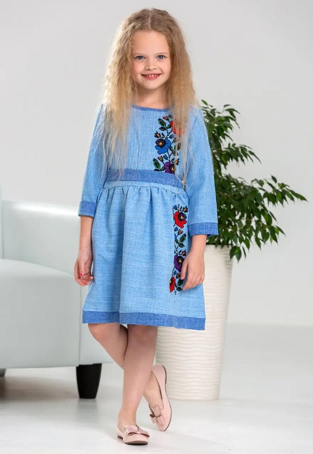 Платье с вышивкой для девочки Мальвы голубая, Голубой, 134