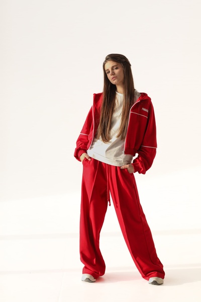 Трикотажний костюм для дівчинки з контрасними кантами коротке зіп-худі і палаццо, Червоний, 122