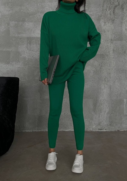 Комплект жіночий із оверсайз светром в рубчик та утягуючими лосинами зелений, Зелений, One Size