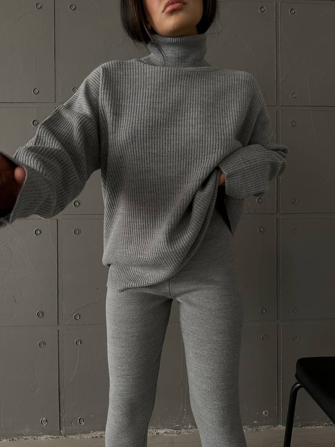Женский костюм с оверсайз свитером в рубчик и утягивающими лосинами меланж, Сірий, One Size