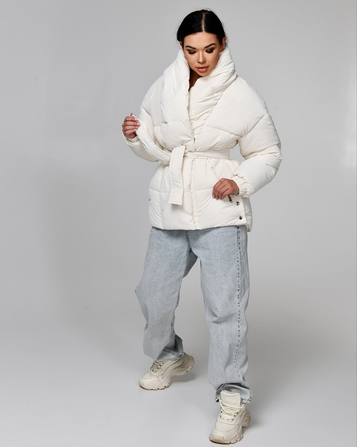 Зимняя женская куртка LS-8881-31 с объемным воротником и поясом молоко в каплю, Молочний, 42