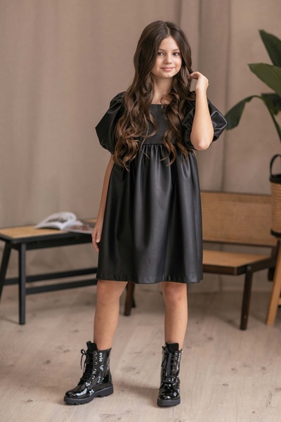 Сукня з екошкіри з об'ємними рукавами для дівчинки чорна, Чорний, 110