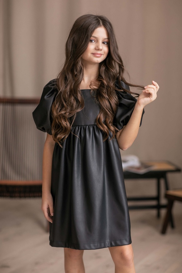 Сукня з екошкіри з об'ємними рукавами для дівчинки чорна, Чорний, 158