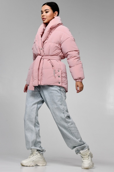 Куртка женская зимняя LS-8881-15 с объемным воротником, карманами и поясом розовая, Розовый, 42