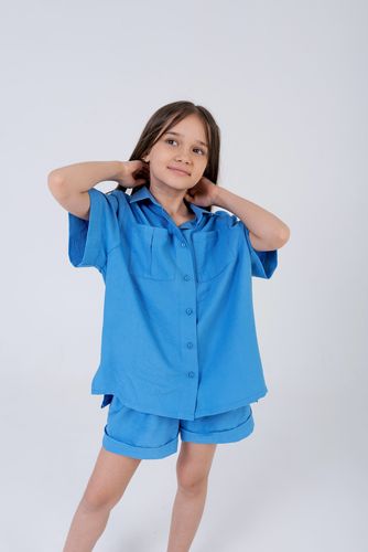 Летний льняной комплект рубашка и шорты PMR026 голубой, 122