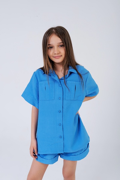 Летний льняной комплект рубашка и шорты PMR026 голубой, Голубой, 122
