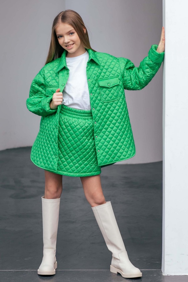 Удлиненная куртка рубашка для девочки стеганная PMR058 зеленая, Зелёный, 122-128