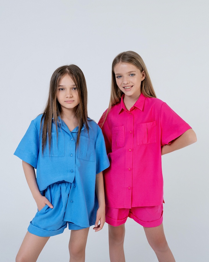 Літній лляний комплект сорочка та шорти PMR026 блакитний, Блакитний, 122