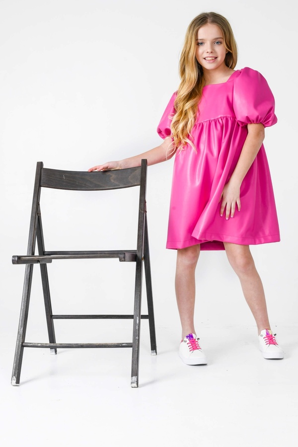 Платье из экокожи в стиле Барби для девочки розовое, Розовый, 110