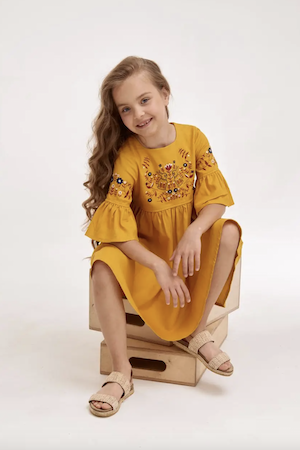 Плаття вишиванка для дівчинки "Зайчики" жовтий, Жовтий, 128
