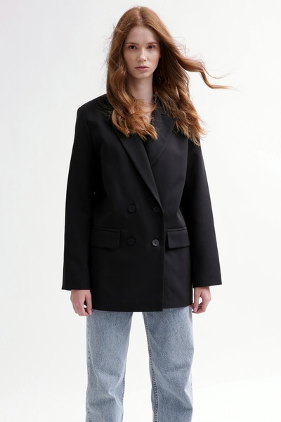 Жіночий піджак прямого крою JK-9028-8 подовжений чорний, Чорний, S