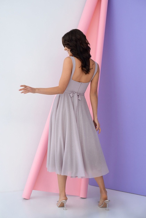 Нарядное Платье Женское OD_595 с Открытыми Плечами, Серебристый, S