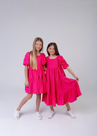 Летнее платье для девочки с рукавами буфами PMR019 малиновое, 122, Миди
