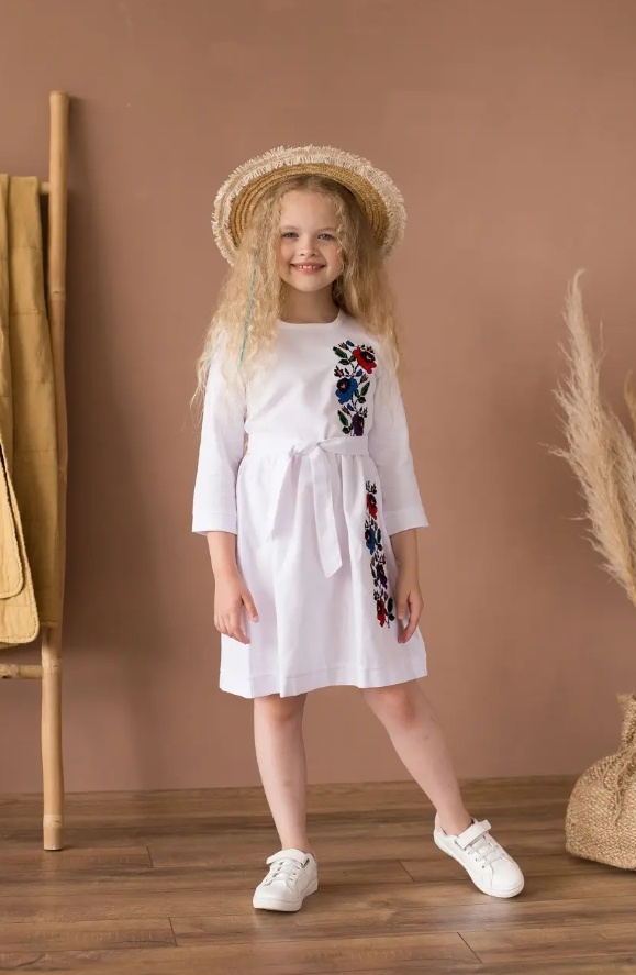 Платье вышиванка для девочки с цветами мальв белая, Белый, 104