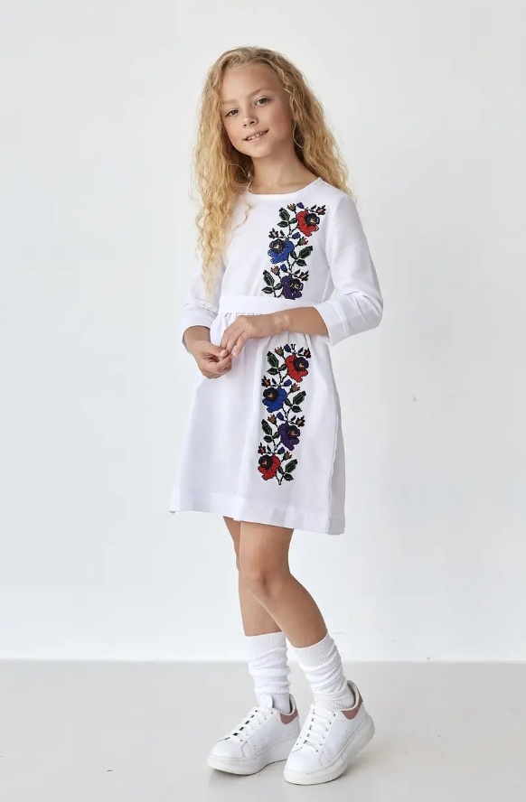 Платье вышиванка для девочки с цветами мальв белая, Белый, 128