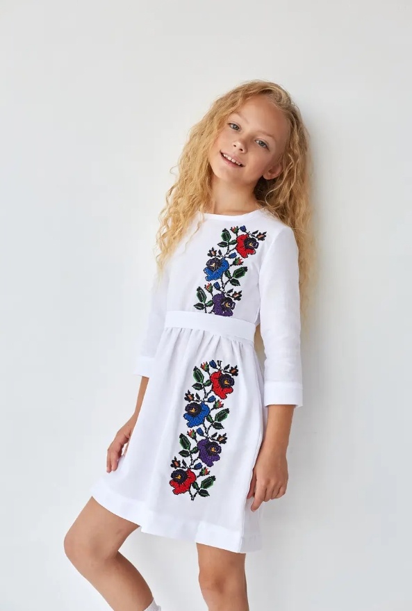 Платье вышиванка для девочки с цветами мальв белая, Белый, 122