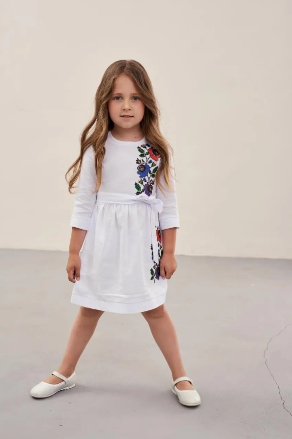 Платье вышиванка для девочки с цветами мальв белая, Белый, 134