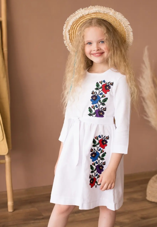 Платье вышиванка для девочки с цветами мальв белая, Белый, 146