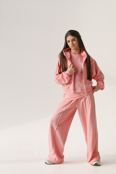 Трикотажний костюм для дівчинки з контрасними кантами коротке зіп-худі і палаццо, Рожевий, 122