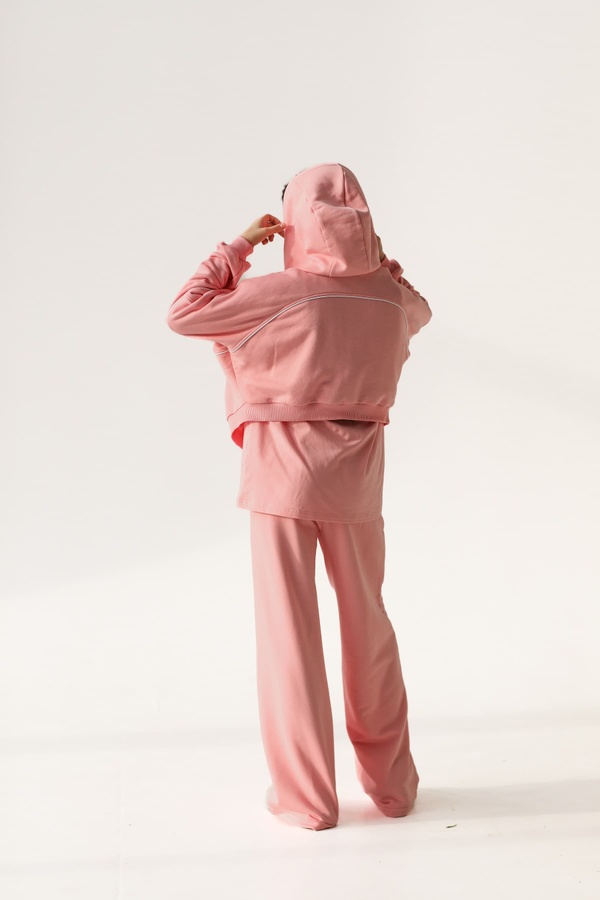 Трикотажний костюм для дівчинки з контрасними кантами коротке зіп-худі і палаццо, Рожевий, 122