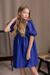 Платье из экокожи с рукавами-буфами для девочки синее, Синій, 116