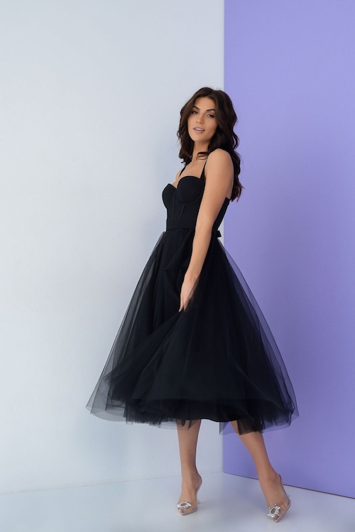Женское Платье Пышное Нарядное OD_593 Фатин, Черный, S