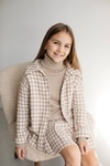 Теплая рубашка для девочки PMR105 из твида в гусиную лапку бежевая, Бежевый, 128