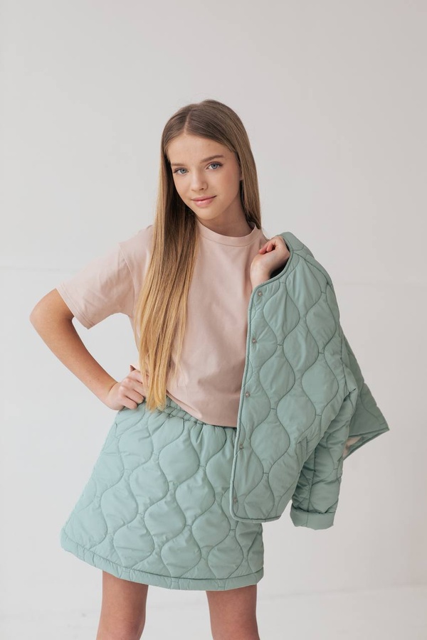 Стьобана коротка куртка для дівчинки, Сіро-м'ятний, 122-128 см