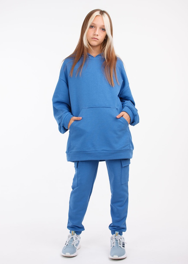 Комплект для дівчинки худі оверсайз та штани-карго синій, Синий, 122