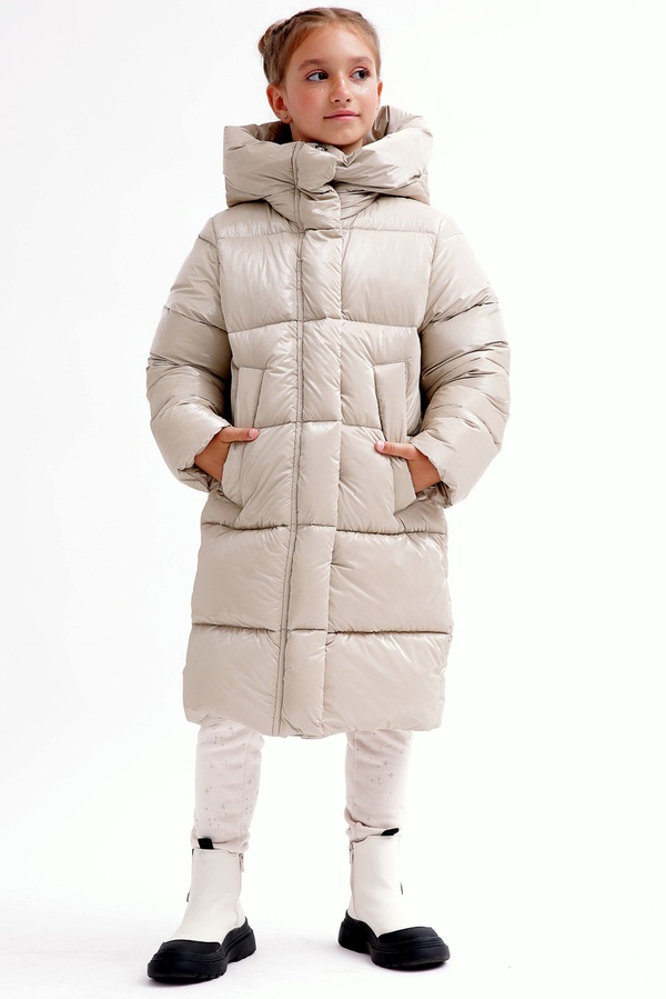 Пуховая куртка для девочек DT-8365-26 на молнии и с капюшоном бежевый, Бежевый, 44