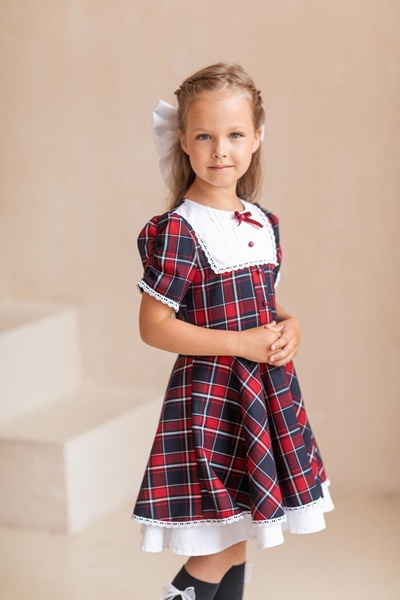 Платье Школьное TL0054 в Красную Шотландскую Клетку, Комбинированный, 122-128