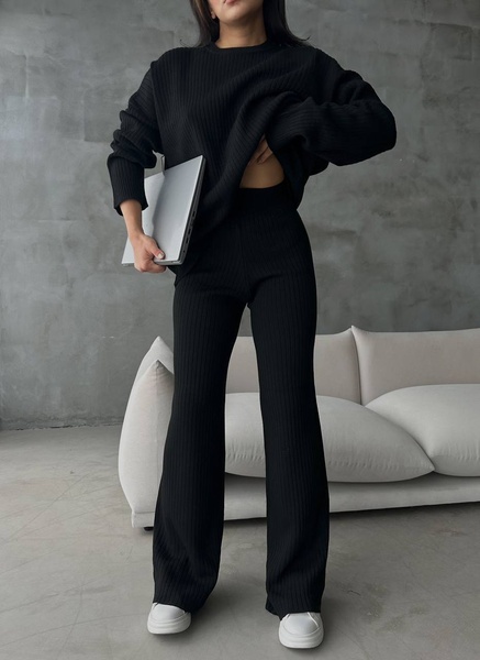 Комплект жіночий із оверсайз светром та широкими штанами палаццо чорний, Чорний, One Size