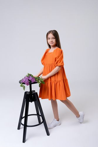 Летнее платье для девочки с рукавами буфами PMR020 оранжевое, 122, Миди